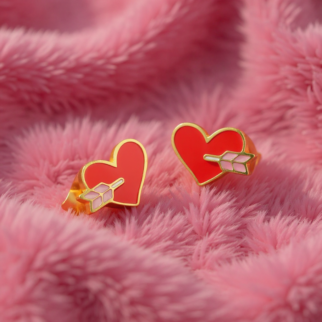 Heart-shaped earrings with an arrow design on a pink fluffy background