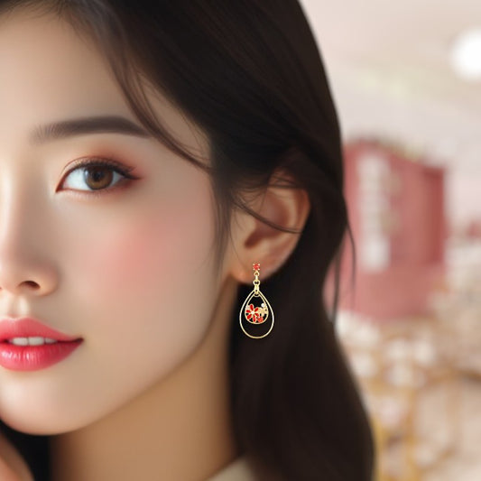 Close-up of a woman wearing a decorative earring with a blurred background