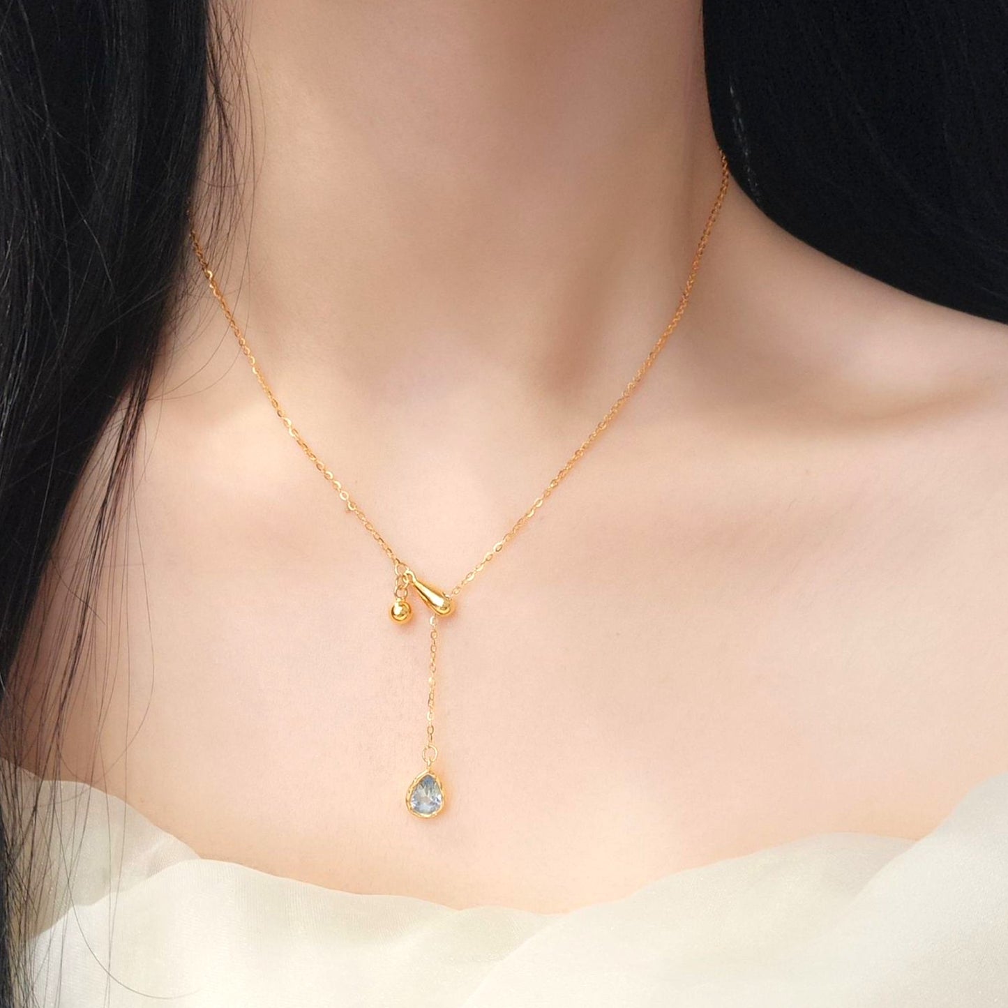 Blue Teardrop Adjustable Necklace Gold 4