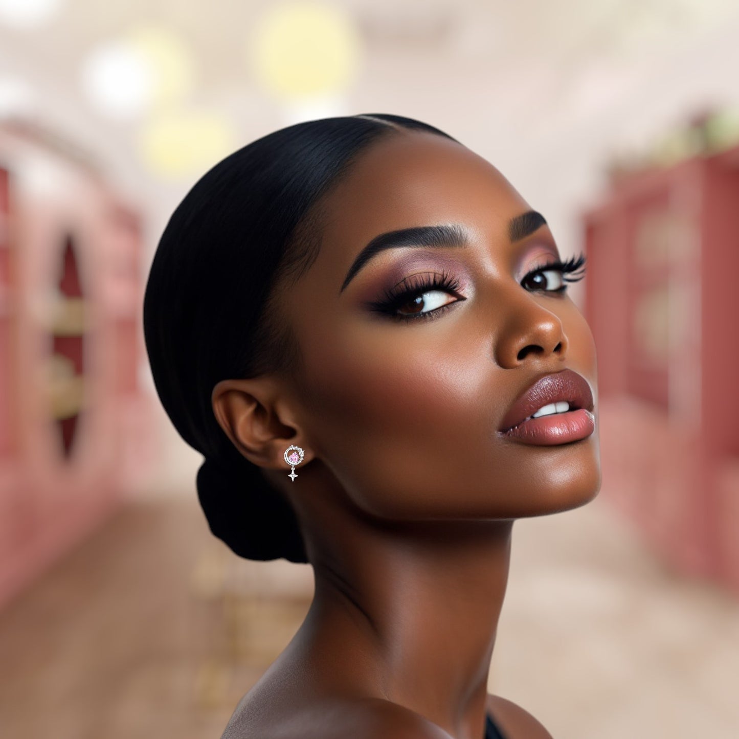 Woman with stylish makeup and hair in an elegant setting wearing Bows and Knots Co.'s elegant earring