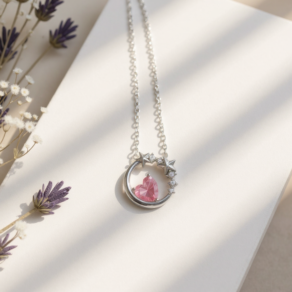 Silver necklace with a pink heart pendant on a white surface with dried flowers.