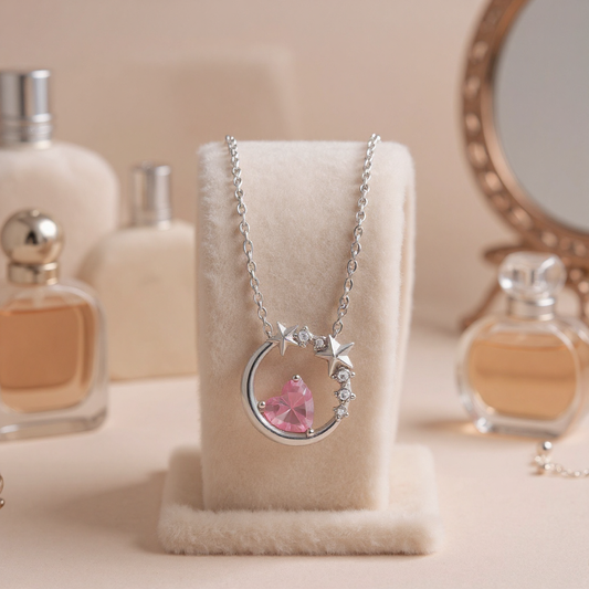 Necklace with a pink heart pendant on a white stand with perfume bottles in the background