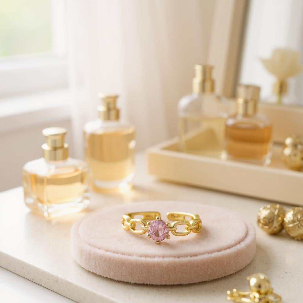 Gold rings on a pink cushion with perfume bottles in the background