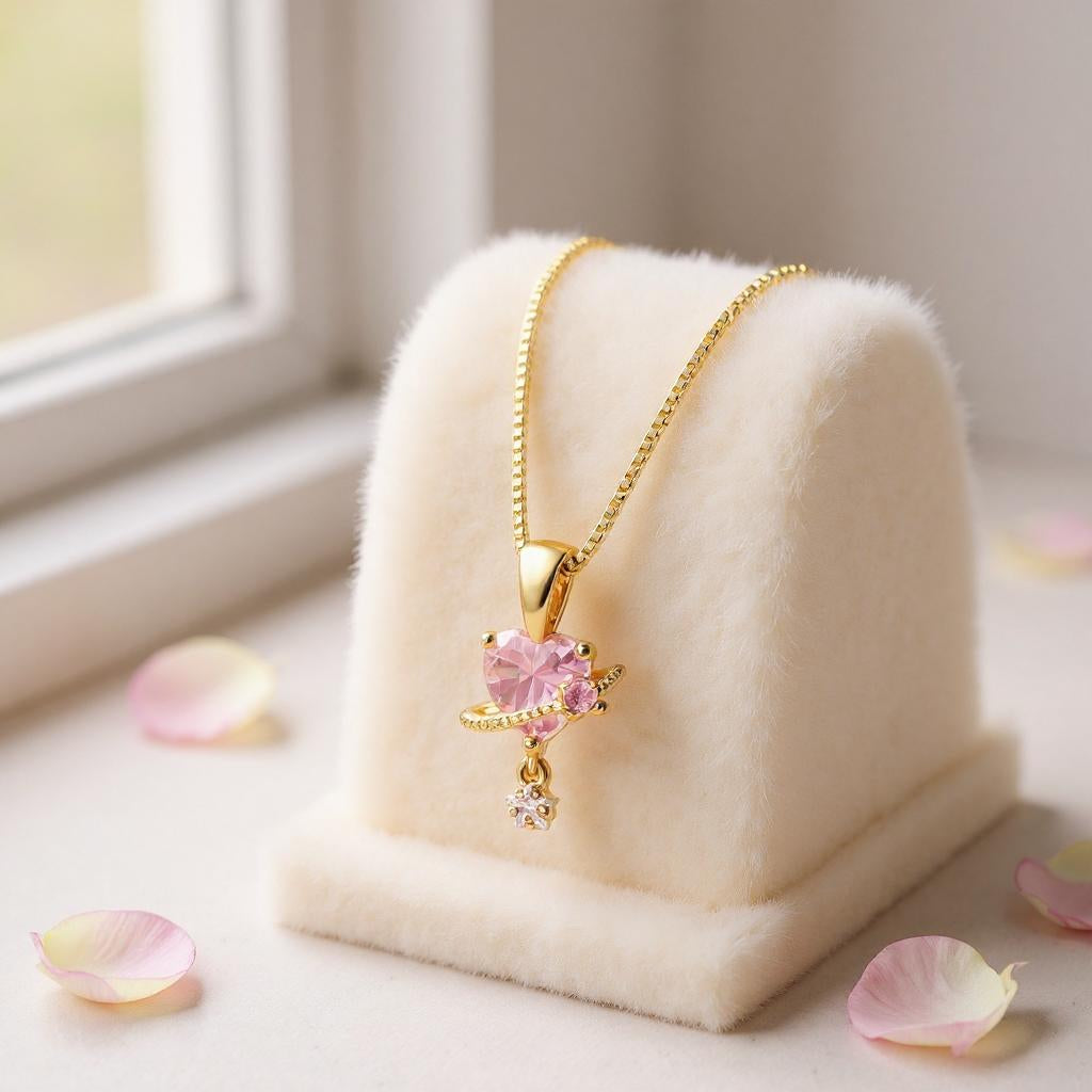 Gold necklace with a pink pendant on a white stand, surrounded by pink petals.