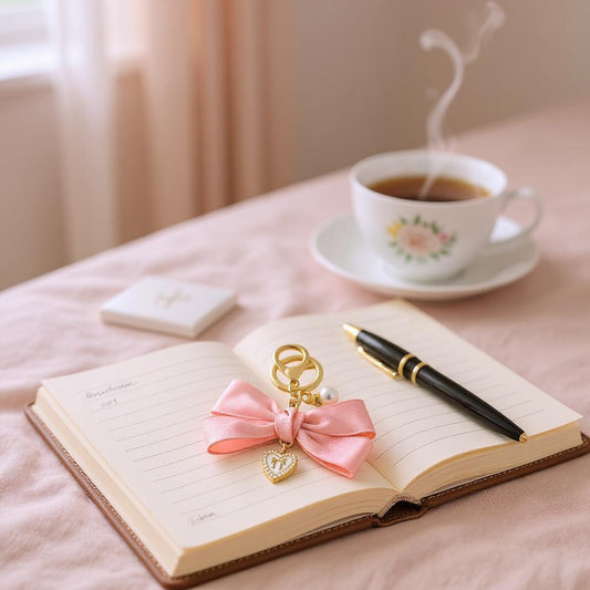 Open notebook with a pink bow keychain and pen, next to a steaming cup of coffee on a soft pink surface.