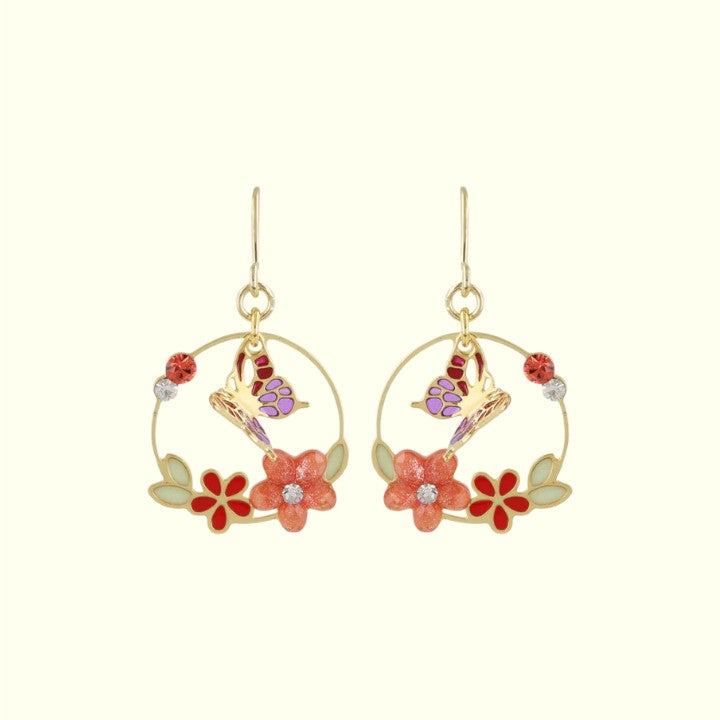 Gold earrings with floral designs on a white background
