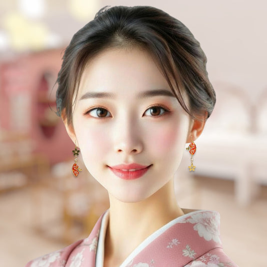 Woman wearing a traditional Japanese outfit with floral patterns and red earrings against a blurred background