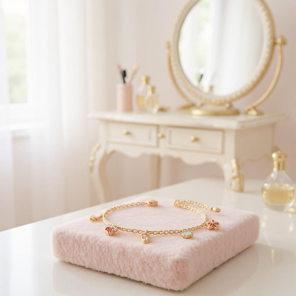 Gold bracelet with charms on a pink cushion in front of a vanity mirror