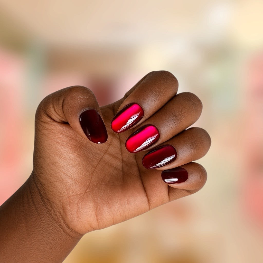 Hand modeling Crimson Muse handmade almond-shaped press-on nails with a glossy wine-red finish, dark burgundy edges, and luminous crimson red gradient accents by Bows and Knots Co.