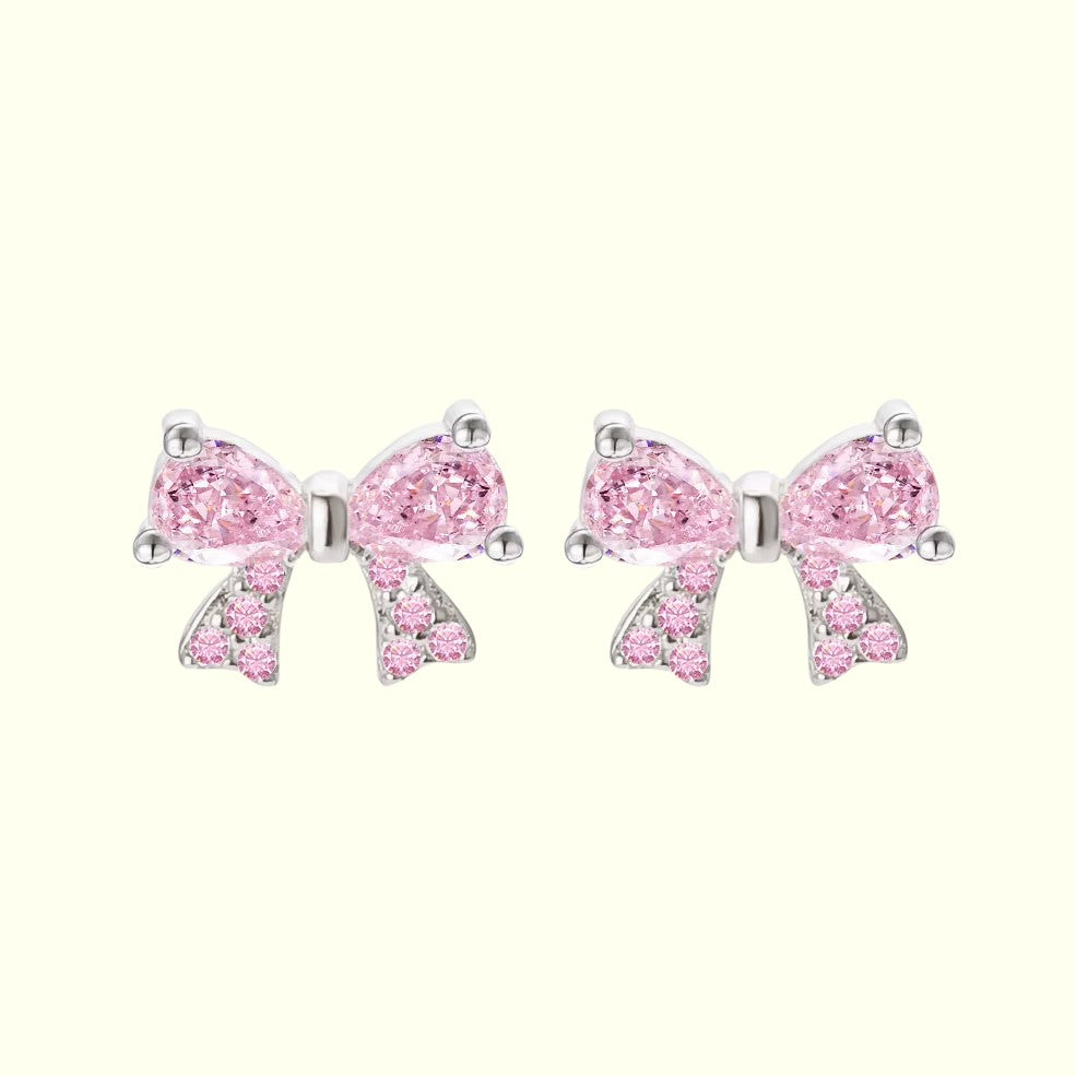 Dainty Bowknot Stud Earrings Silver Pink 1