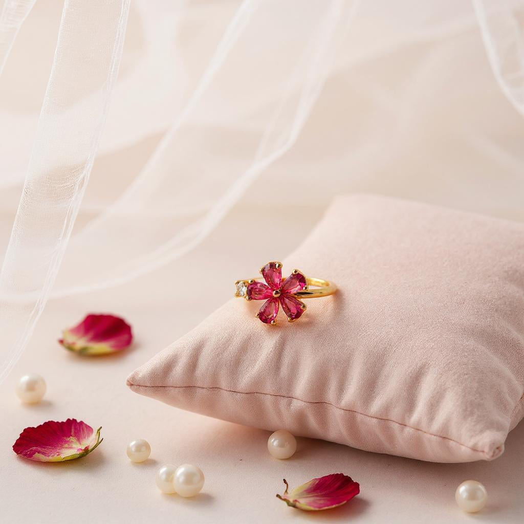 Floral ring on a pillow with pearls and petals around