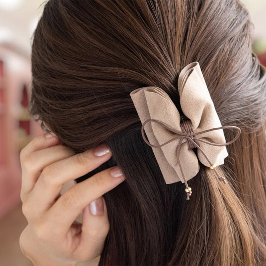 Faux Suede Ribbon Hair Claw - Beige 1