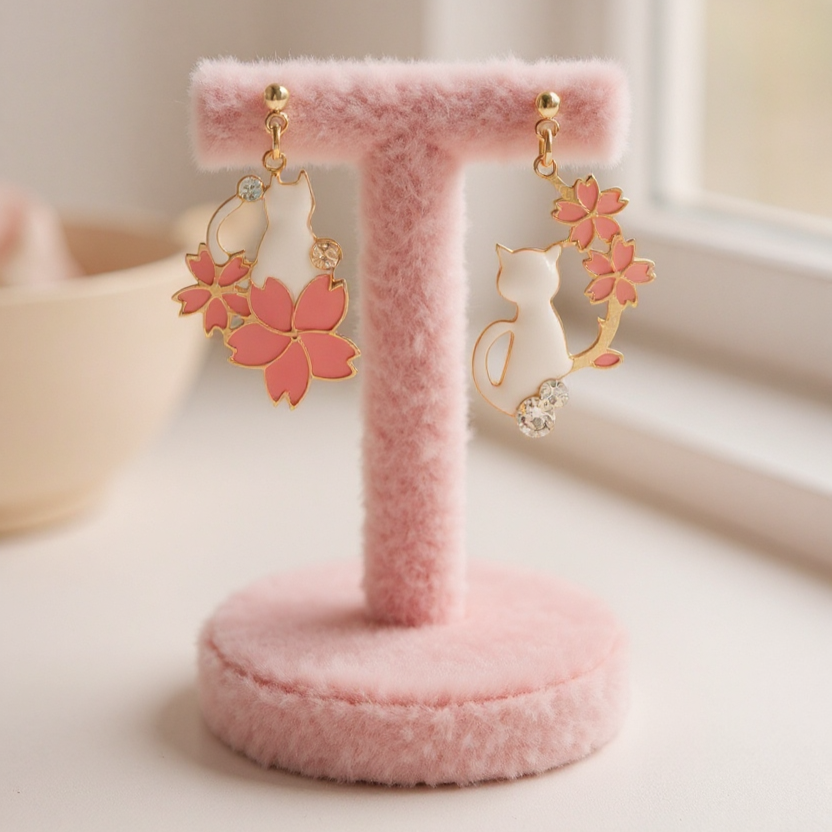 Cat-shaped earrings with pink floral designs on a pink stand.