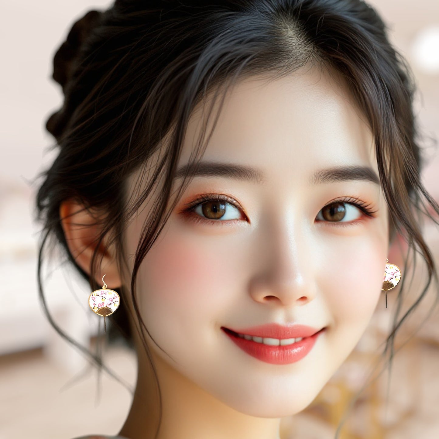 Close-up of a woman wearing earrings with a blurred background
