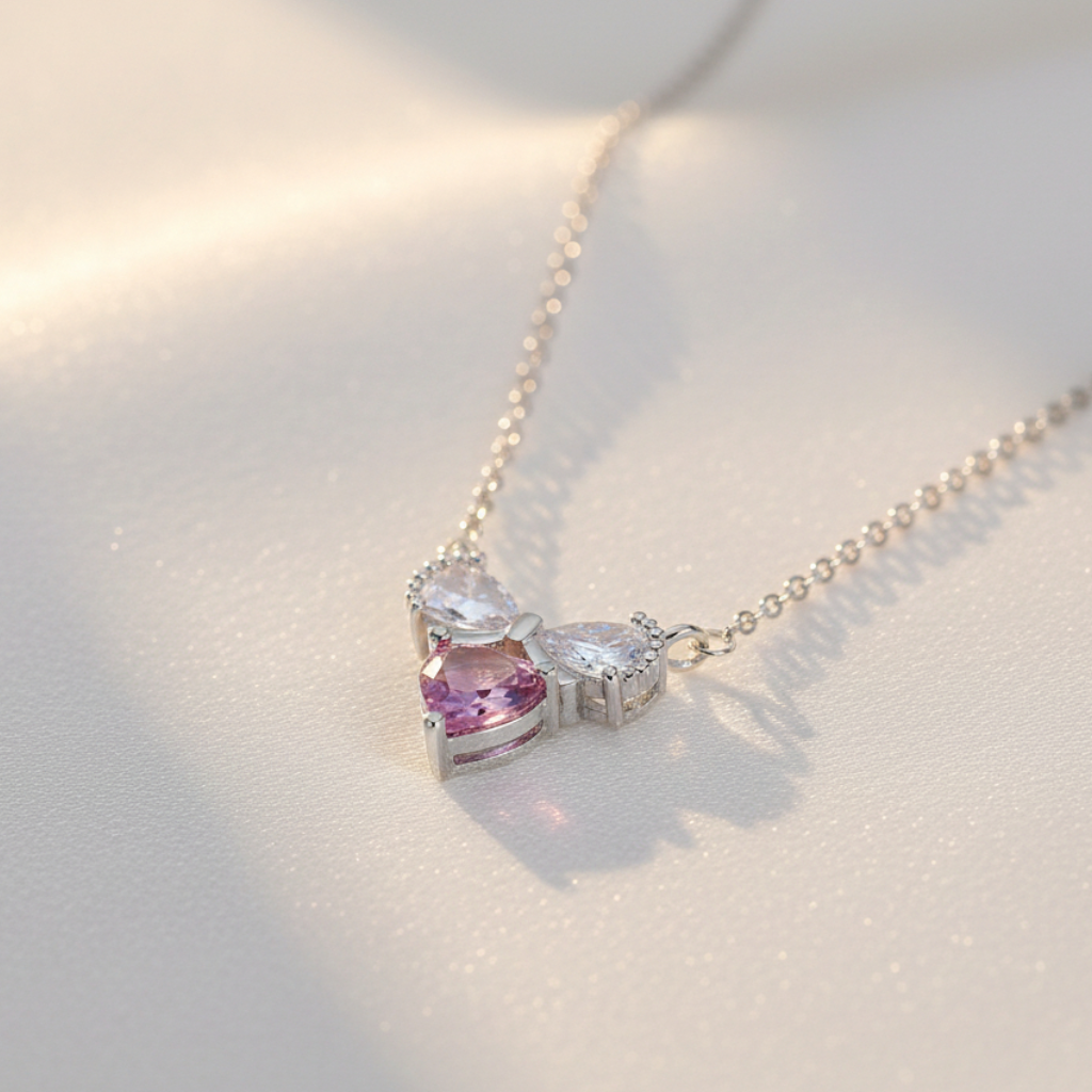 Necklace with a pink gemstone pendant on a soft white background