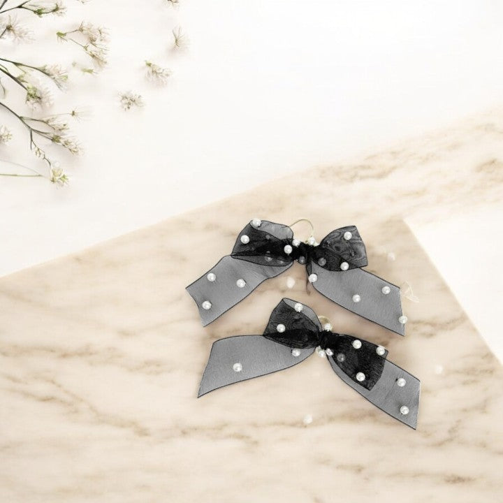 Luxe Ribbon & Pearl Earrings Black 2