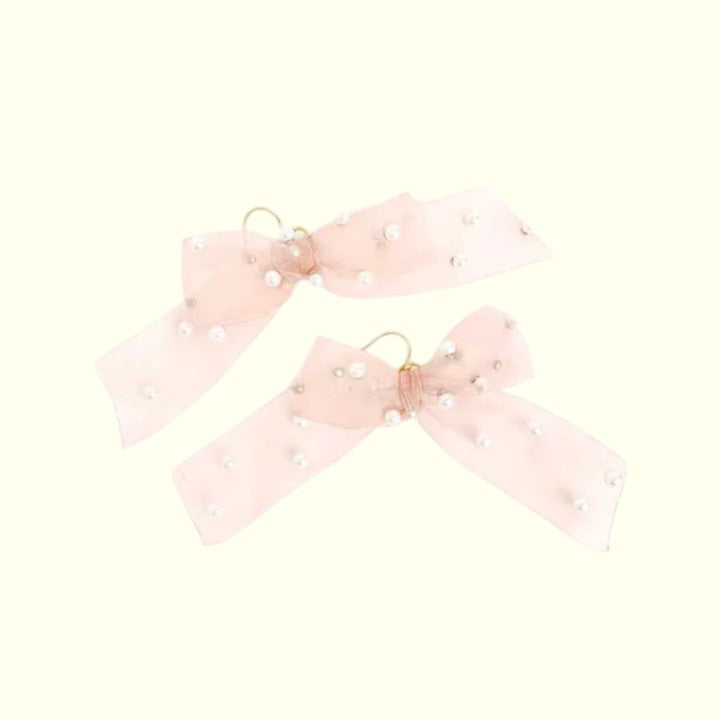 Luxe Ribbon & Pearl Earrings Pink 1