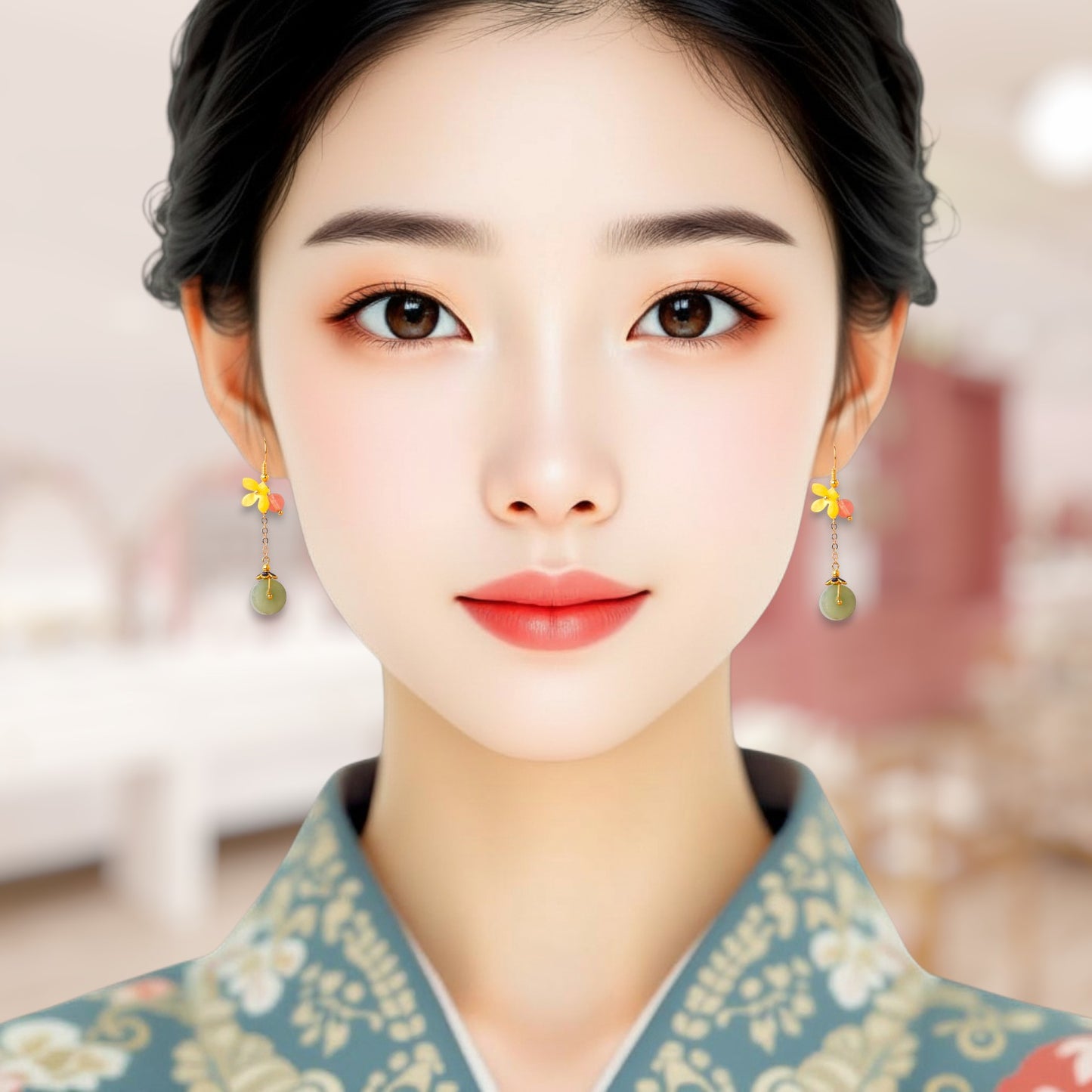 Woman wearing traditional attire with floral earrings in a blurred indoor setting