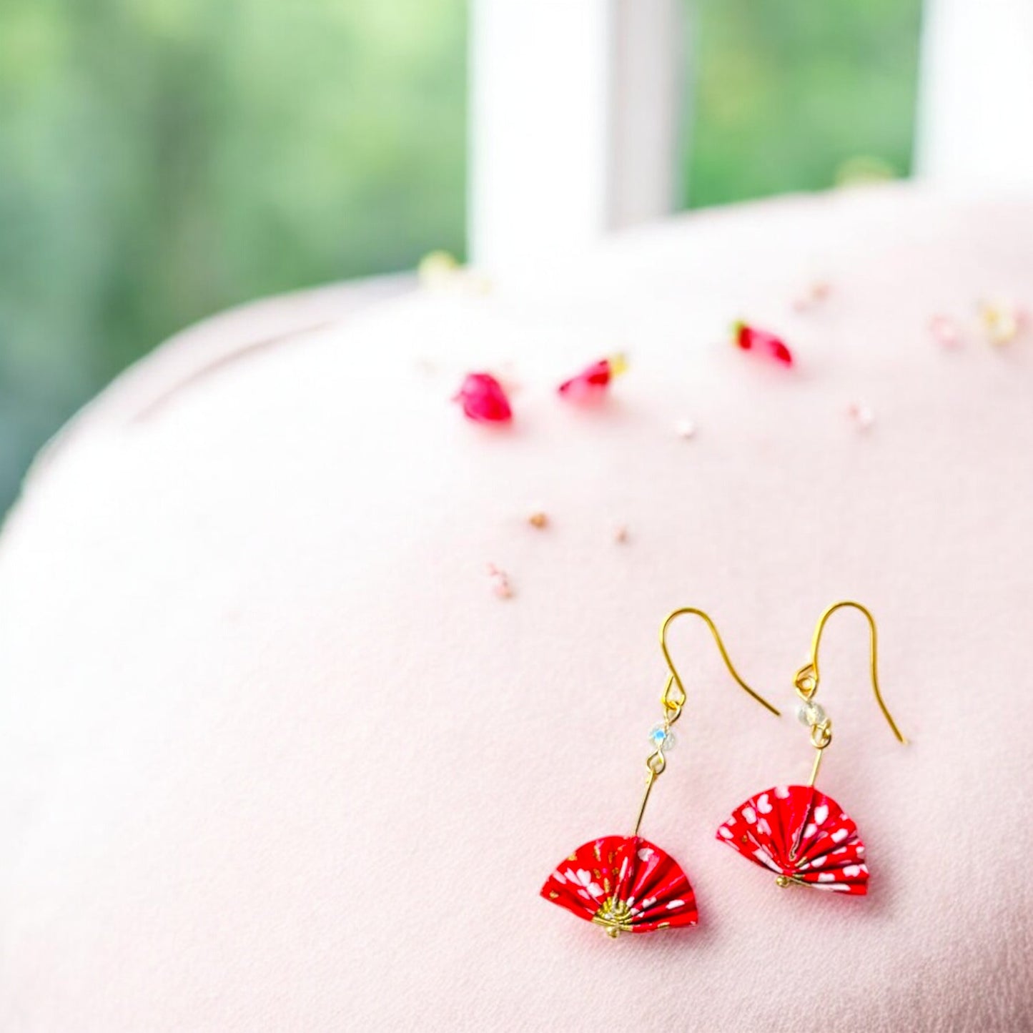 Origami Folding Fan Earrings Red 2