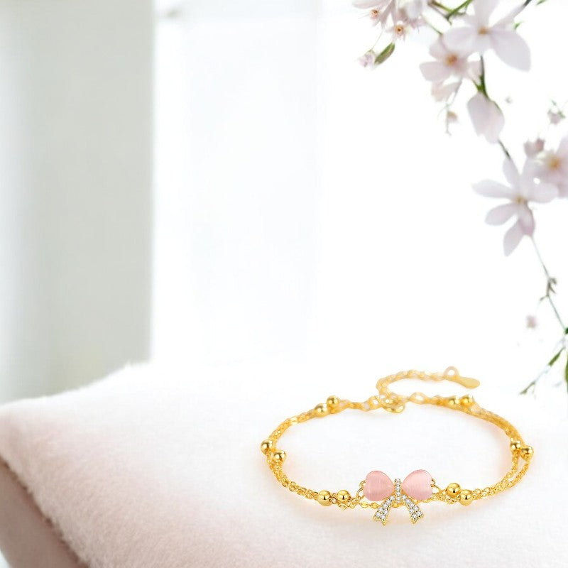 Pink Opal Bowknot Bracelet Gold 2