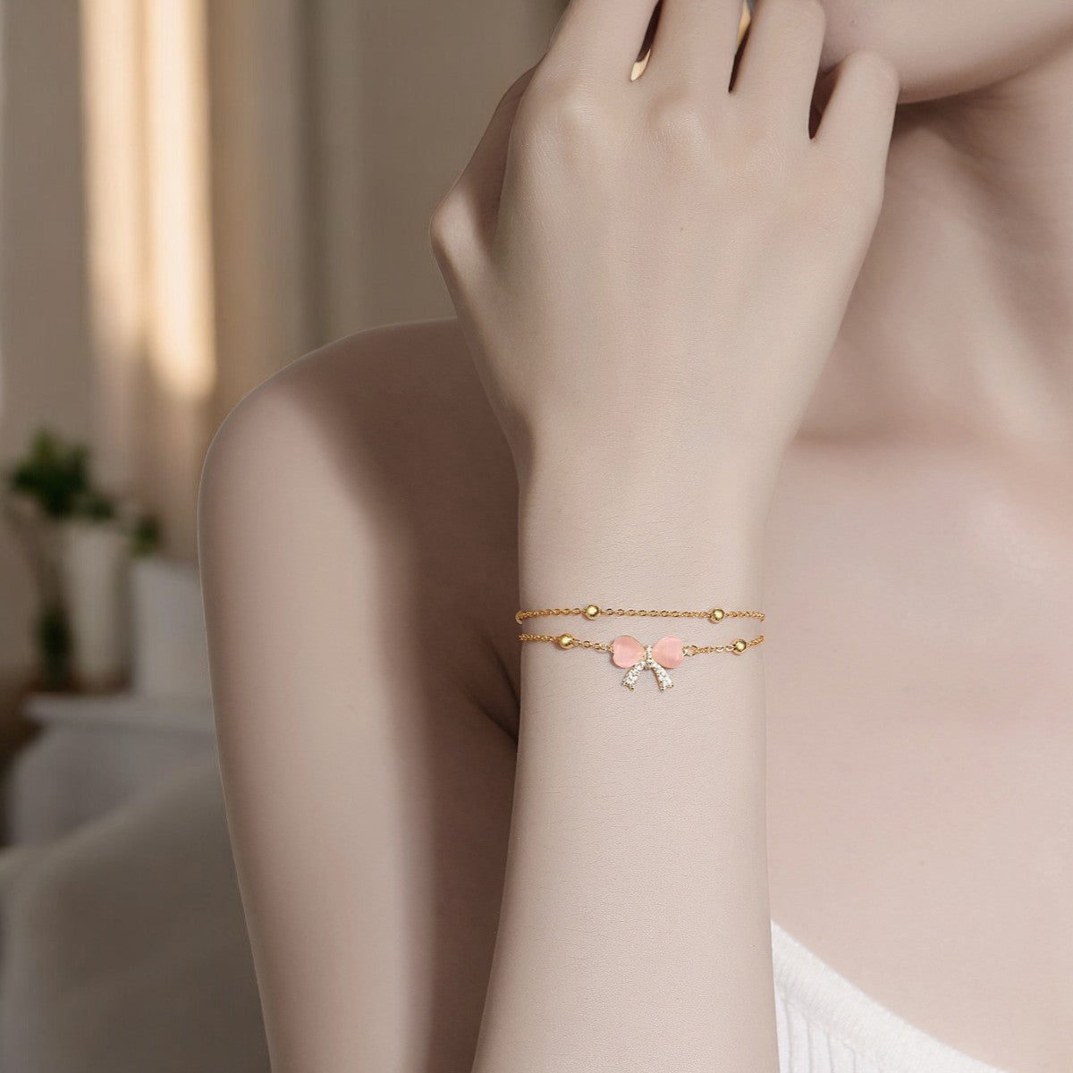 Pink Opal Bowknot Bracelet Gold 3
