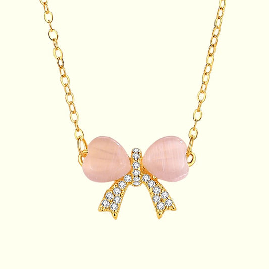 Pink Opal Bowknot Necklace gold -2