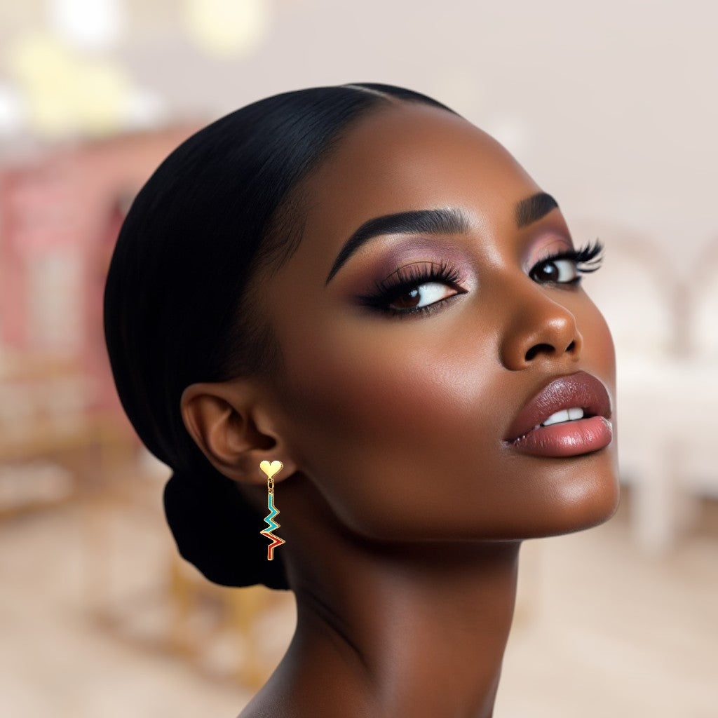 Close-up of a woman wearing a colorful earring with a blurred background