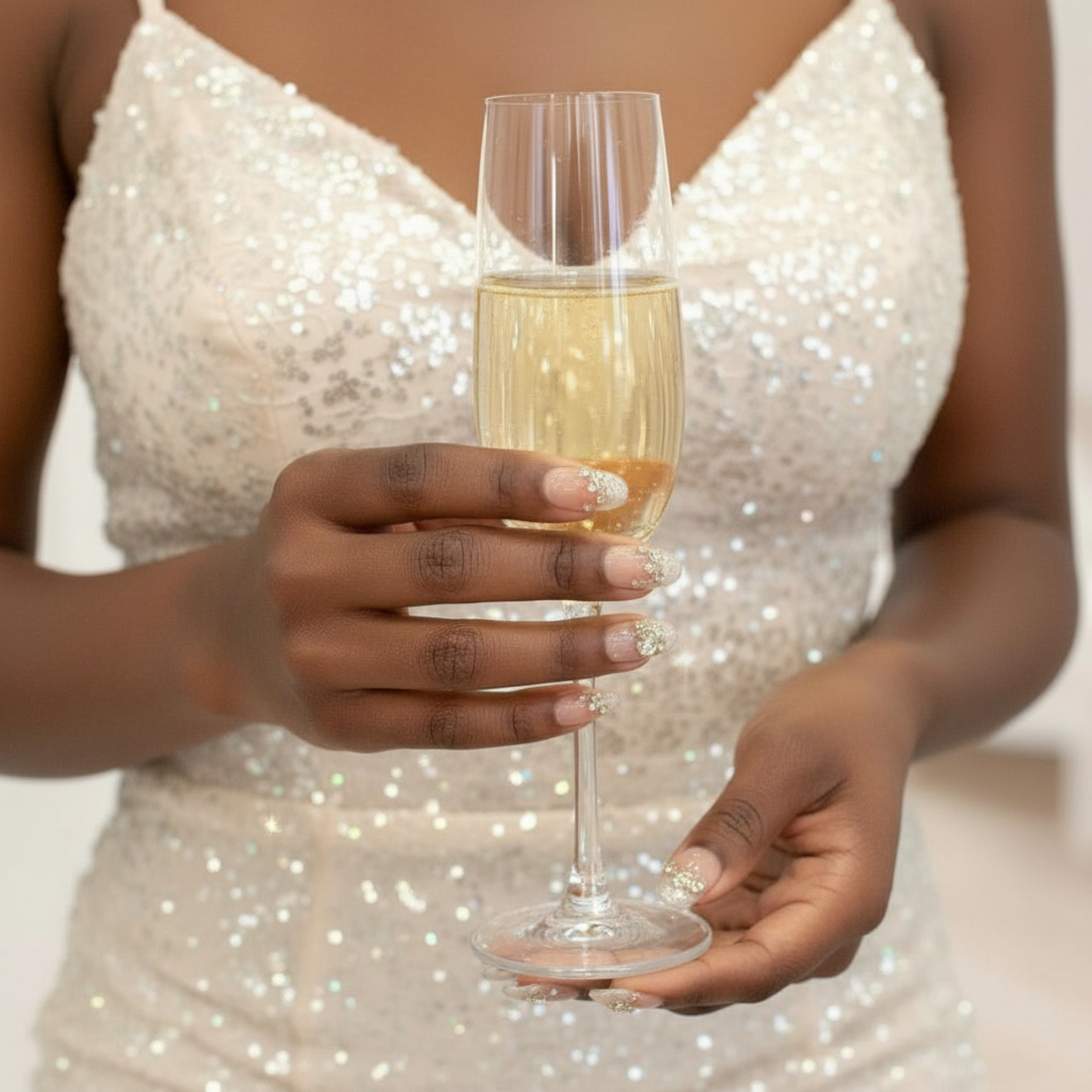 Person in a sparkly white dress holding a glass of champagne.