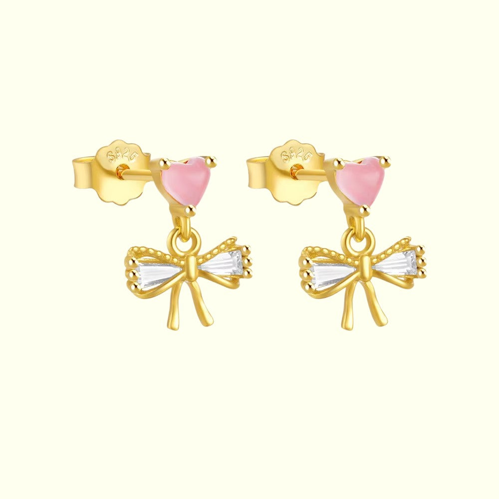 Rosy Love Bow Drop Earrings Gold 2