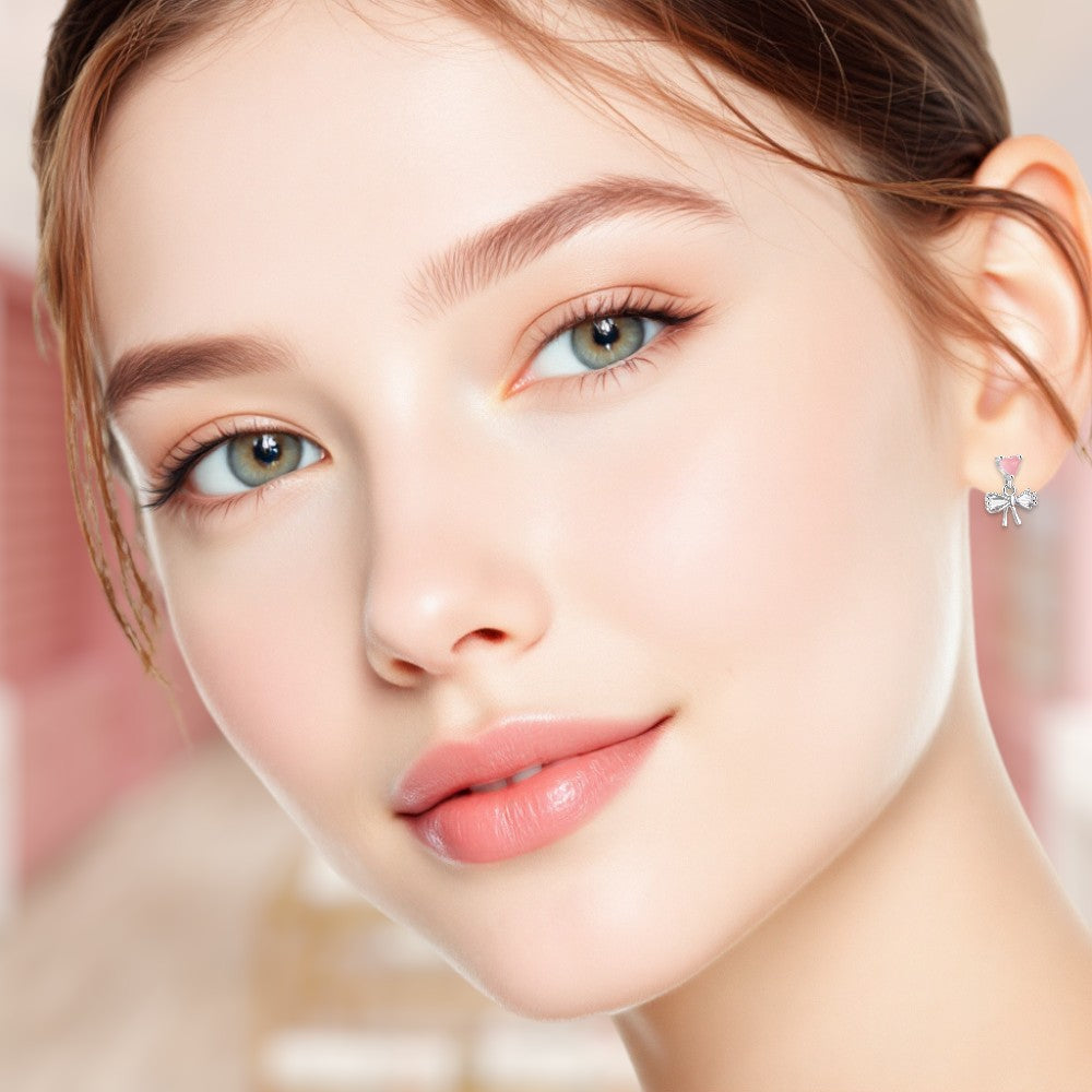 Rosy Love Bow Drop Earrings Silver 1