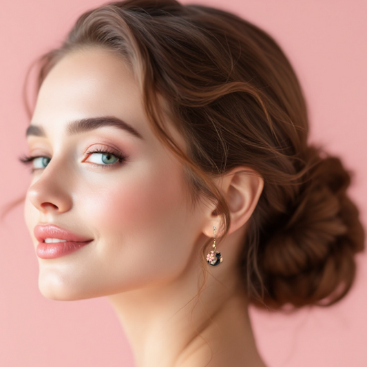 Woman with styled hair and earrings against a pink background