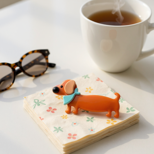 Dog-shaped hair clip on a floral napkin with a cup of tea and sunglasses in the background.