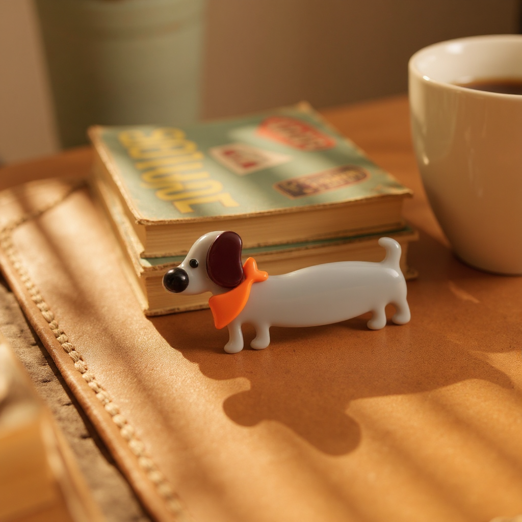 Small dog hair clip on a wooden surface with a book and cup in the background
