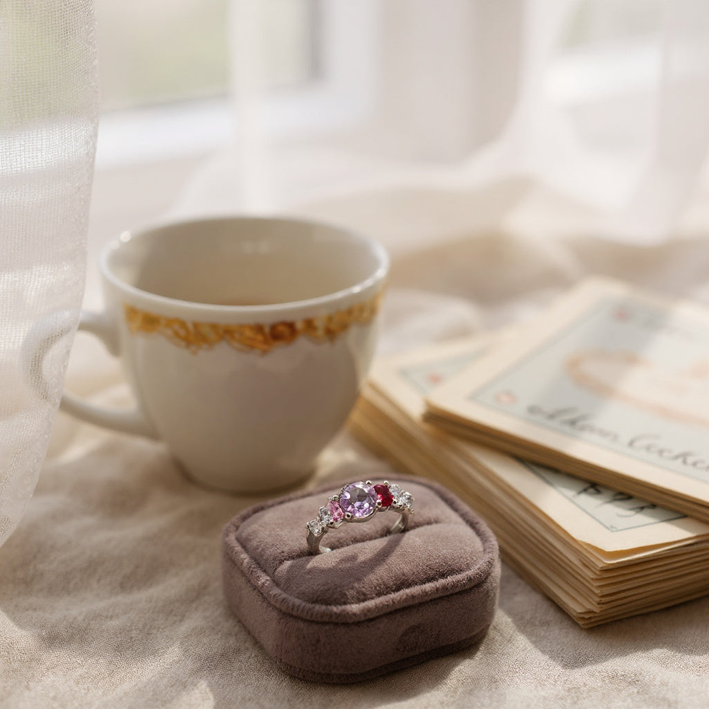 Ring in a box with a cup and book on a soft surface