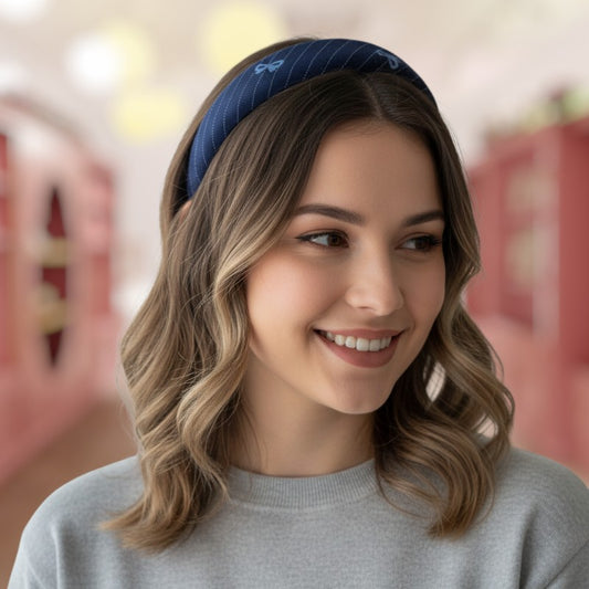 Woman wearing a blue headband with a blurred background