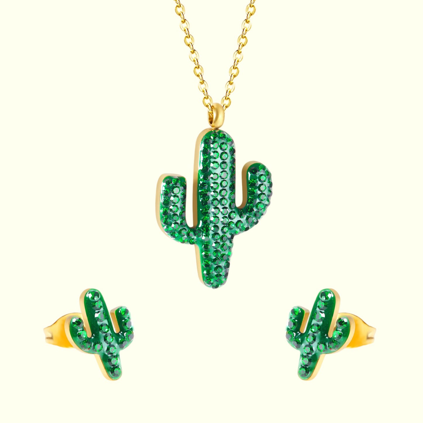 Sunkissed Cactus Necklace and Earrings Set Gold 1