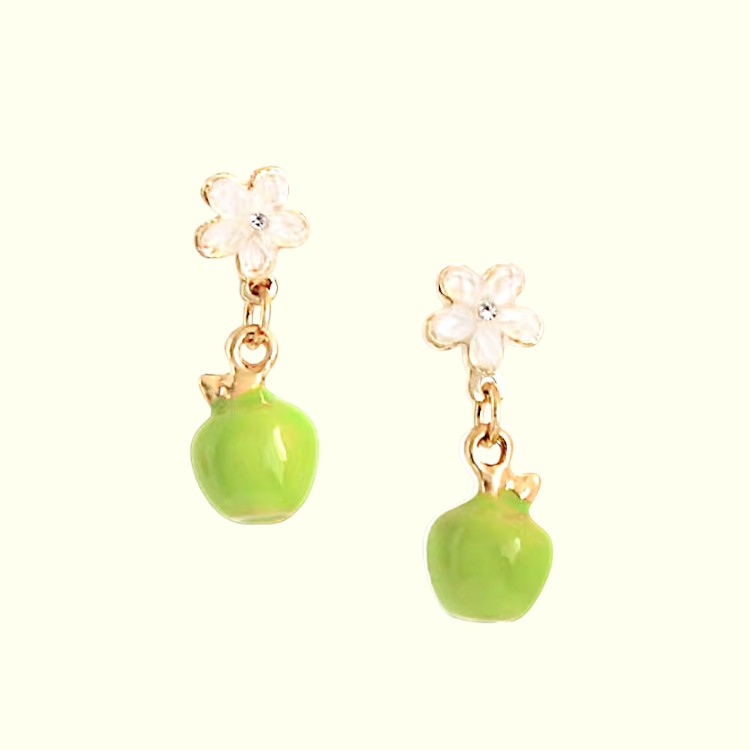 Pair of earrings with green beads and gold accents on a white background