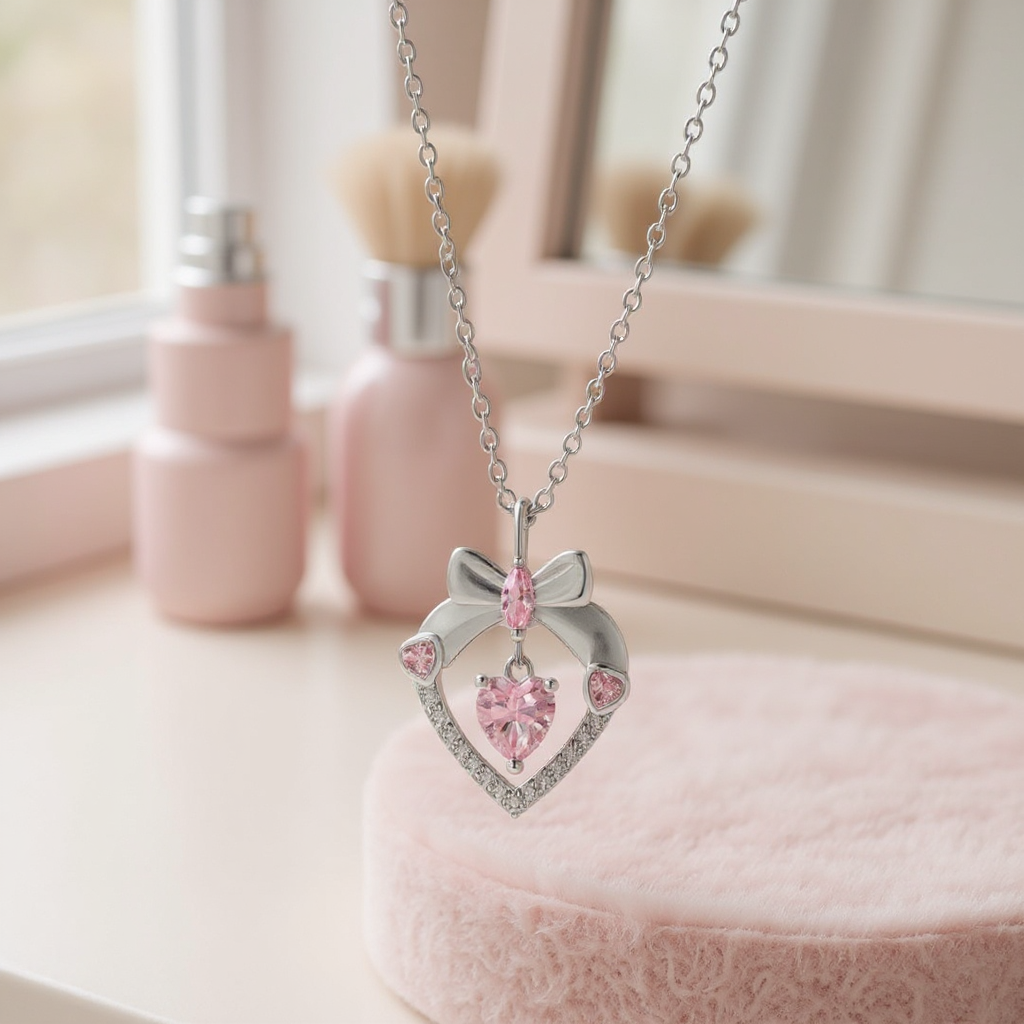 Necklace with a heart-shaped pink gemstone pendant on a soft pink surface.