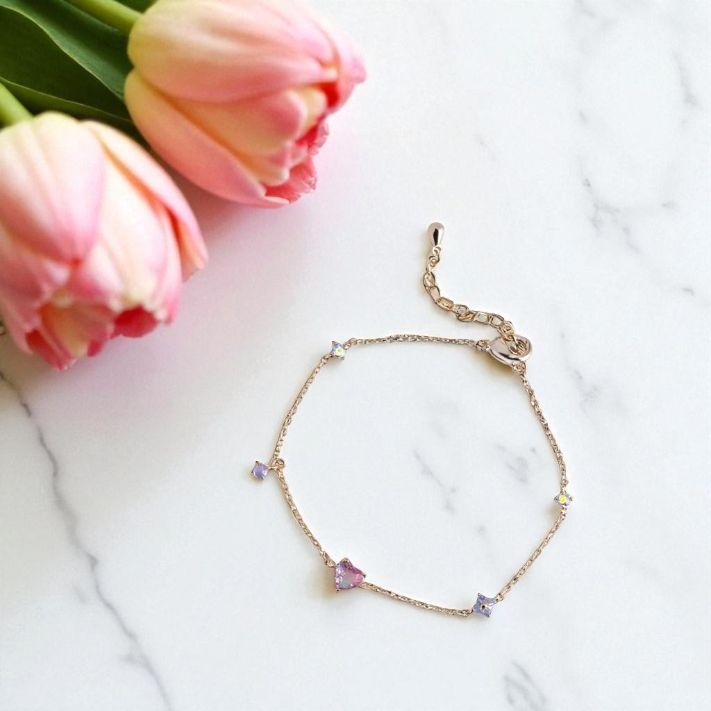 Silver bracelet with small stones on a marble surface with pink tulips