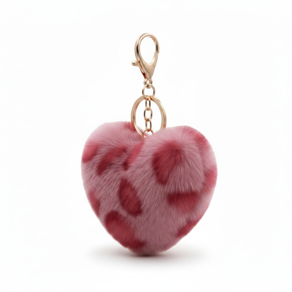 A pink faux fur heart-shaped keychain charm with a pink leopard print pattern and a gold-tone lobster clasp, shown on a clean white background.