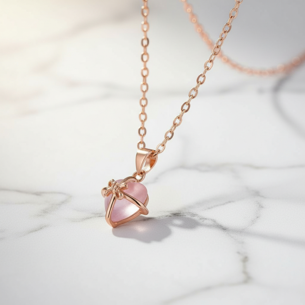 Rose gold necklace with a heart-shaped pink pendant on a marble background