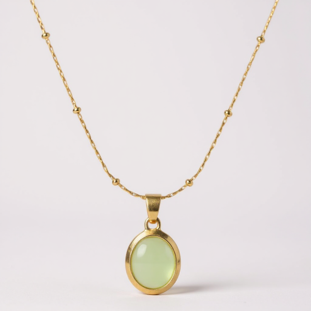Gold necklace with a green pendant on a light gray background
