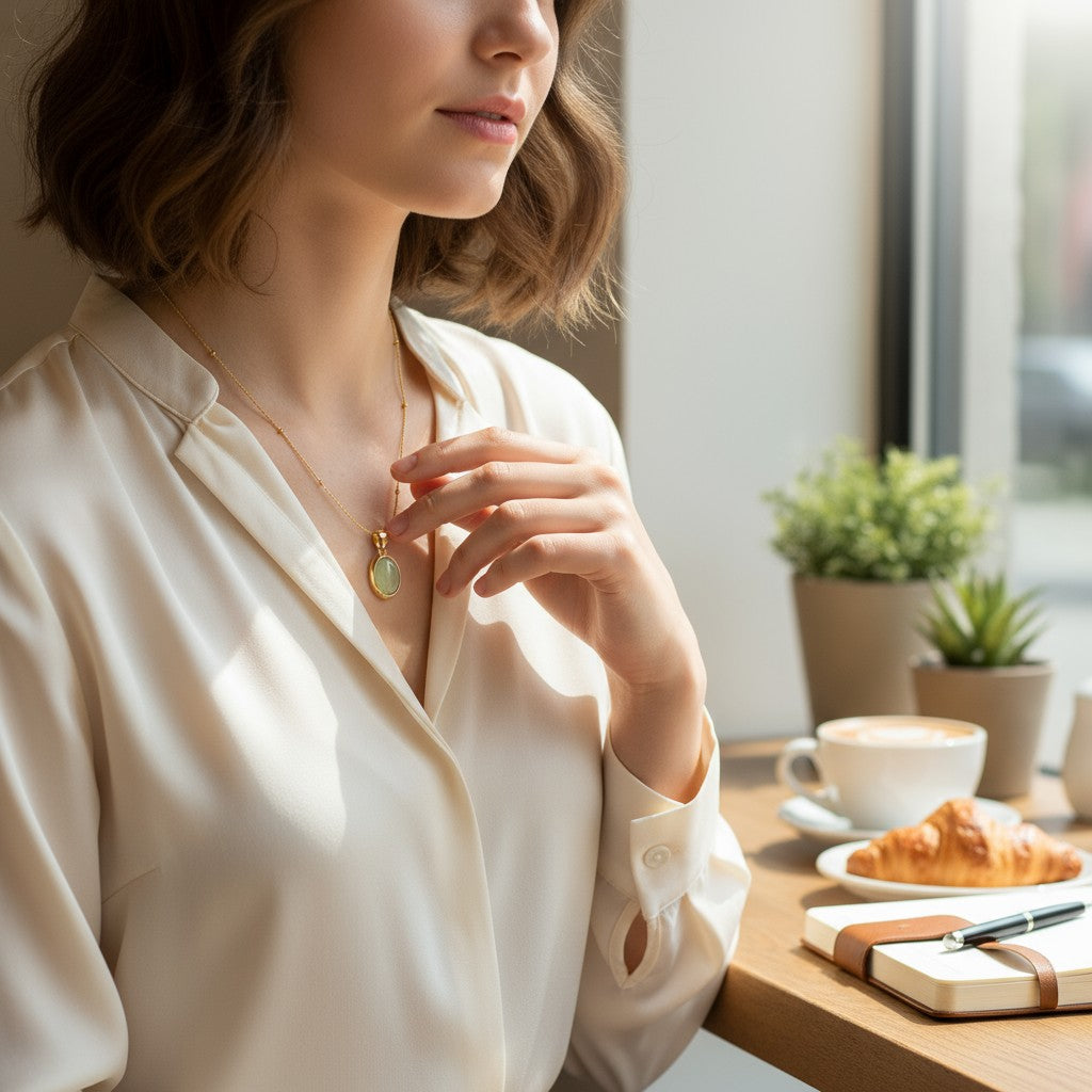 A woman wearing a green pendant necklace