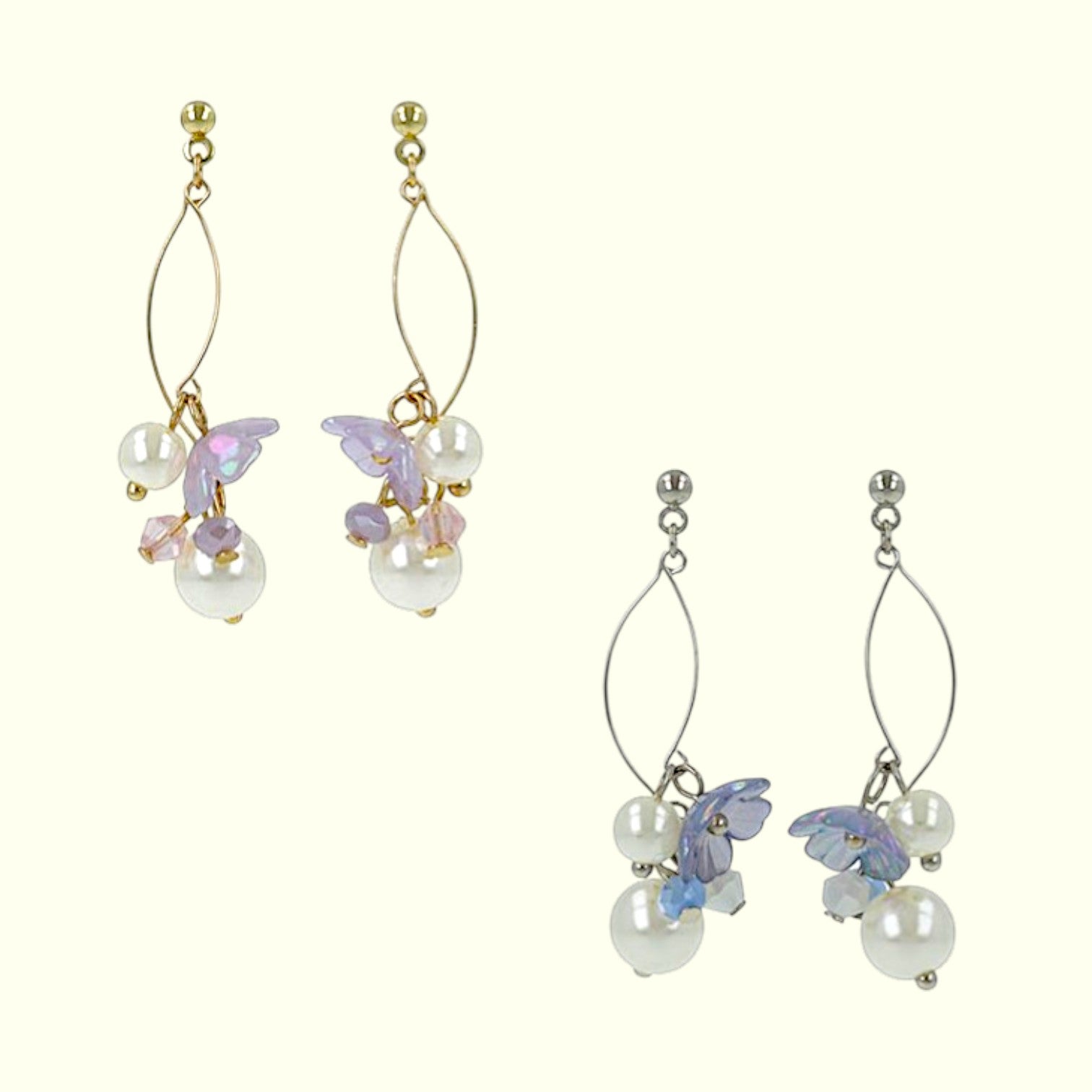 Pair of earrings with pearl-like beads and butterfly decorations on a white background