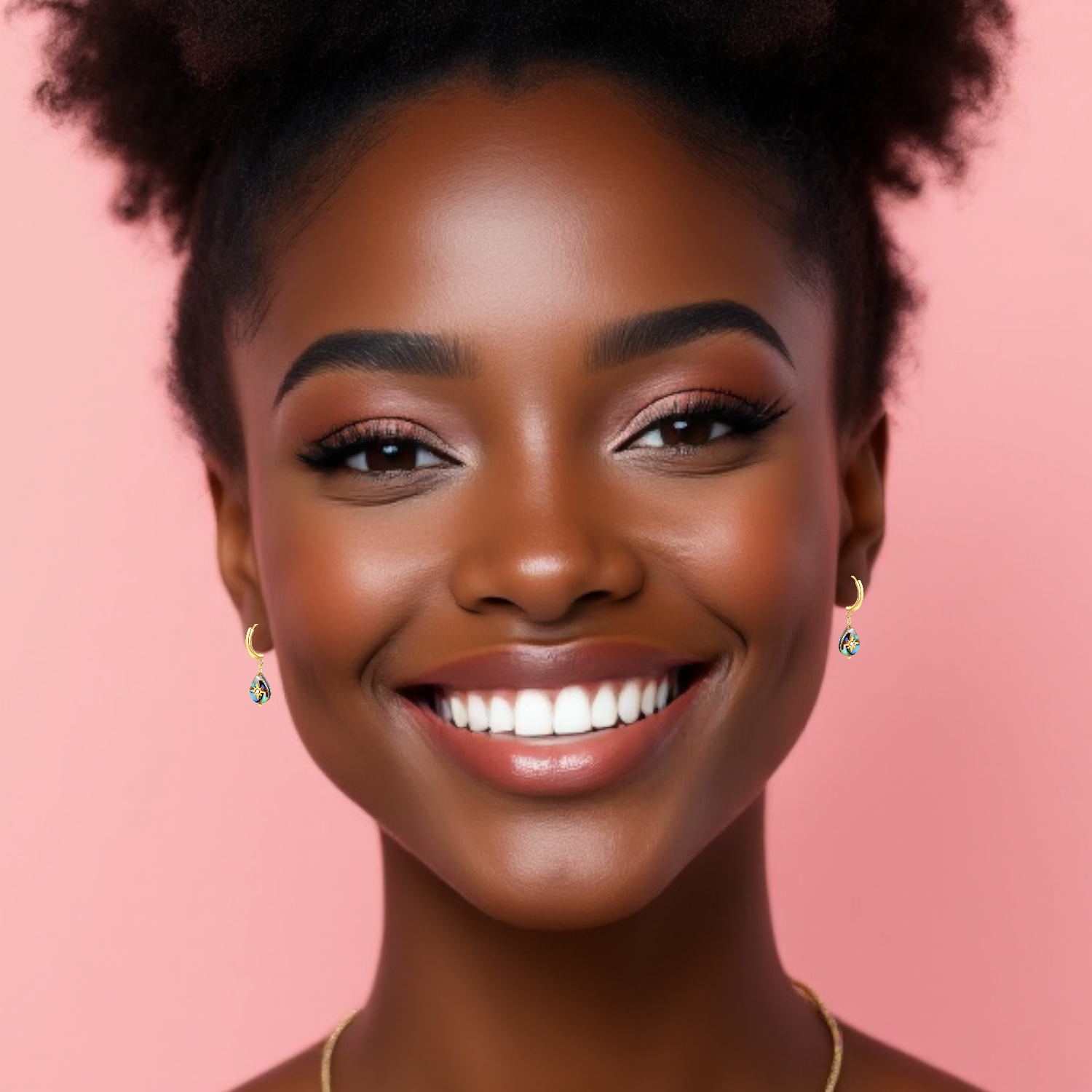 Woman with a bright smile against a pink background