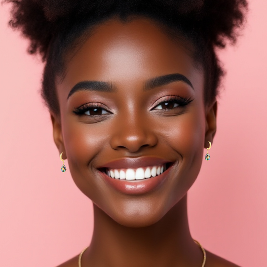 Woman with a bright smile against a pink background