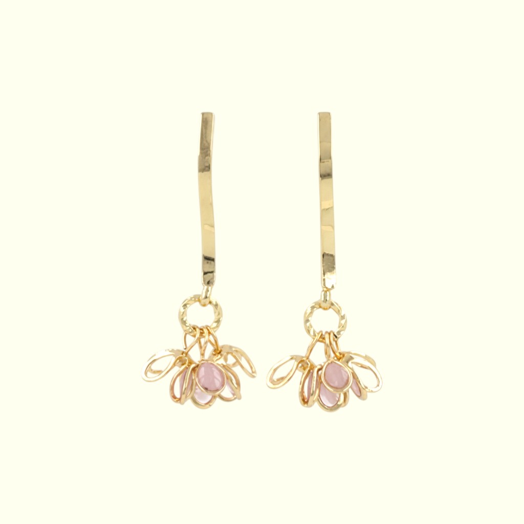 Gold earrings with pink gemstones on a white background