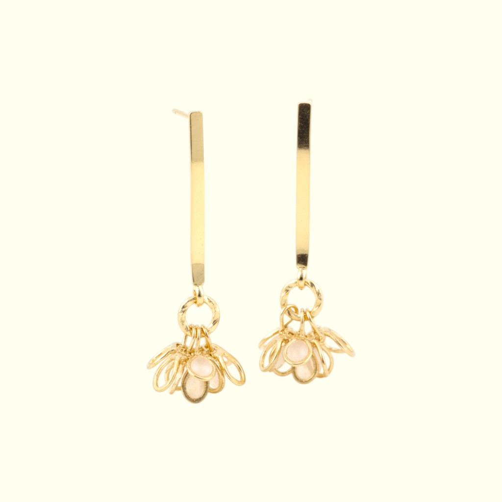 Gold earrings with floral designs on a white background
