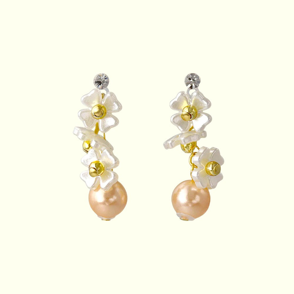Pair of earrings with floral designs and pearl-like beads on a white background