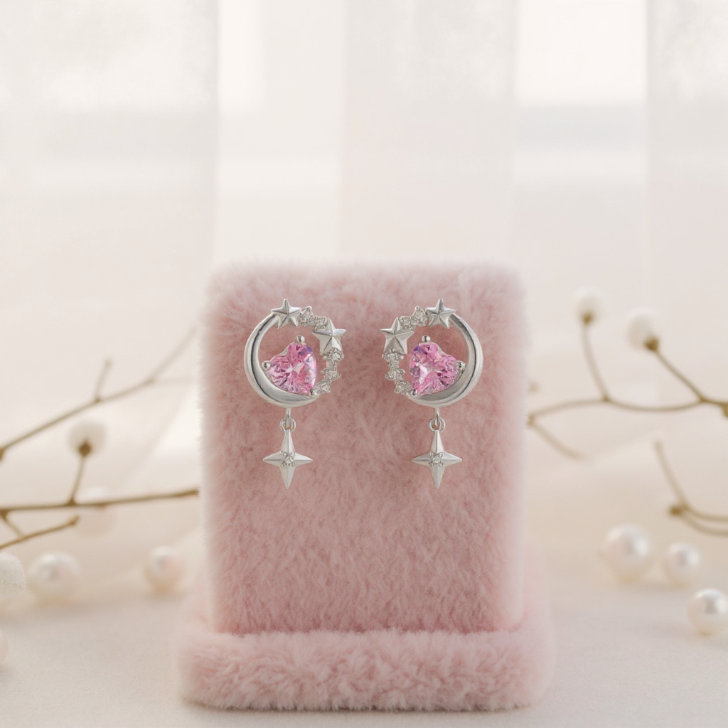 Silver earrings with pink gemstones on a pink furry surface with a soft white background